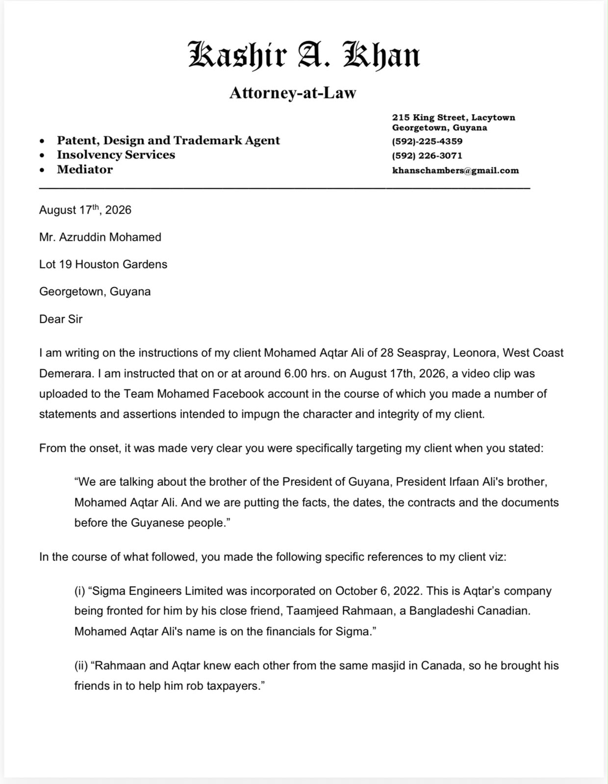 Aqtar Ali demands withdrawal of alleged defamatory statements by Azruddin Mohamed